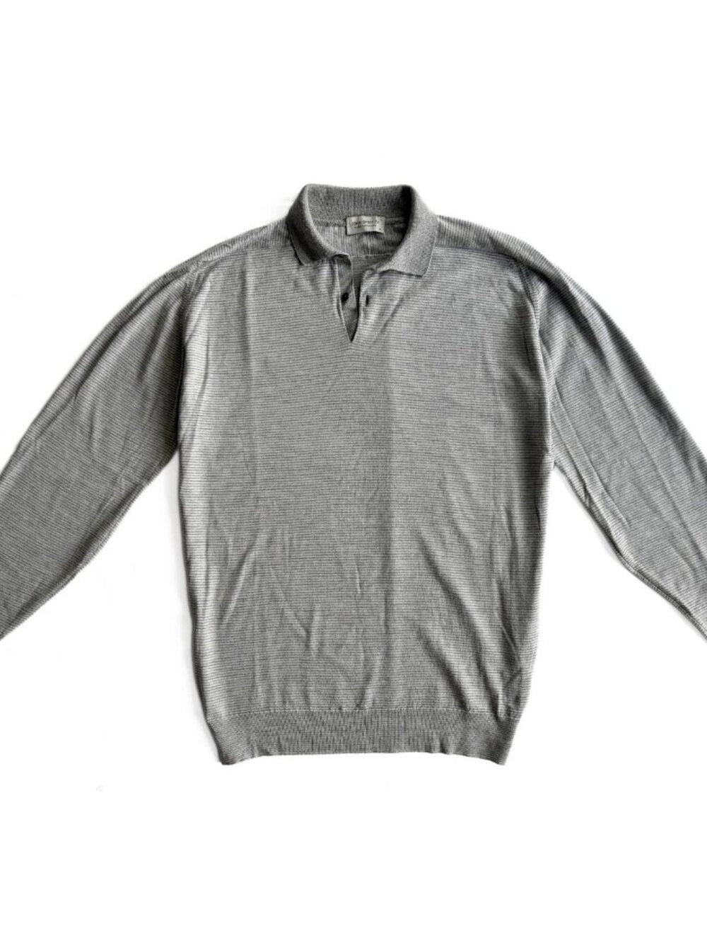 John Smedley Wool Lockton Striped Long Sleeve Polo Shirt England XL X-Large Gray